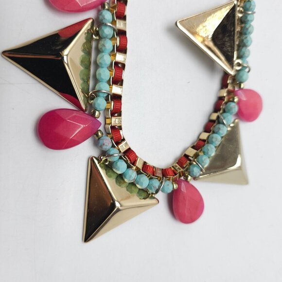 Zoë + Syd Gold Triangle Statement Necklace With Pink & Turquoise Beads - Picture 3 of 10